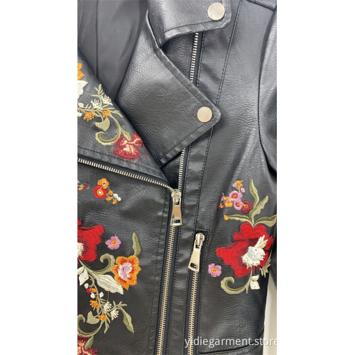 Women's Black Pu Embroidery Jacket